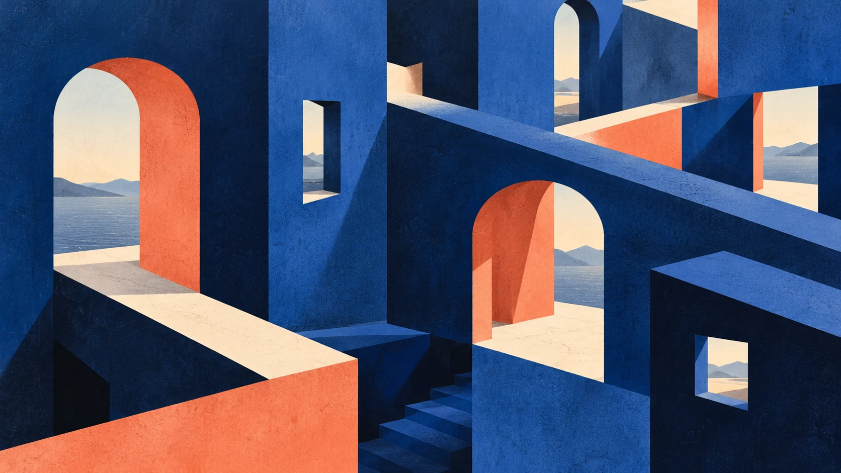 Cobalt architectural planes with coral and ivory openings onto a distant landscape.