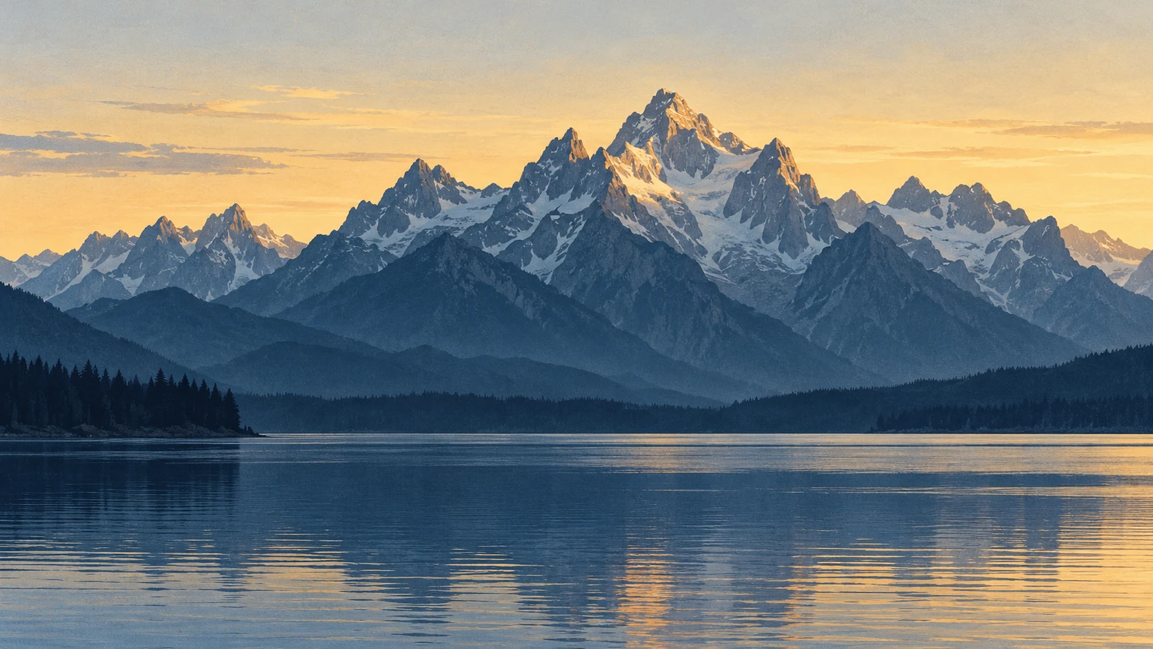 Slate-blue Tetons above Jackson Lake, lit by a muted gold dawn.